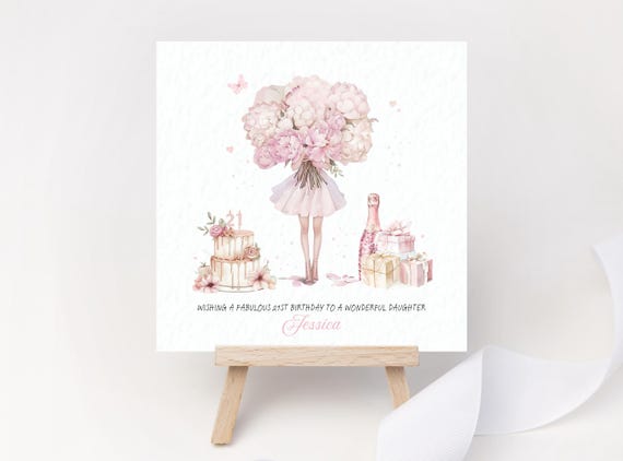 Personalised 21st Birthday Card for Girls | Elegant Pink Champagne & Flowers Keepsake