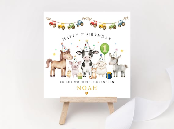 Personalised Farm Animals Party 1st Birthday Card | Tractor Bunting Keepsake