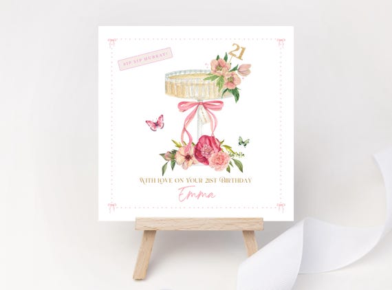Personalised 21st Birthday Card – Hand-Painted Champagne Glass & Florals, Custom Name Keepsake