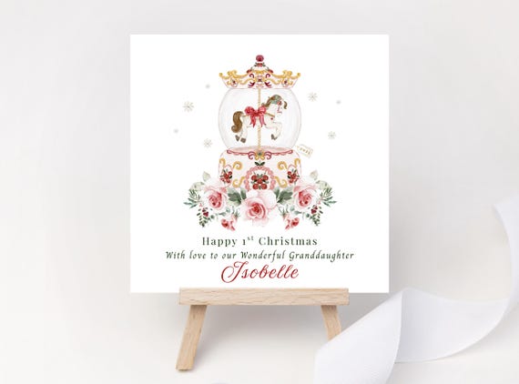 Personalised 1st Christmas Card – Baby Carousel Snow Globe Keepsake with Name