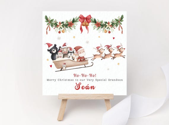 Personalised Santa Sleigh Christmas Card – Woodland Animal Christmas Keepsake