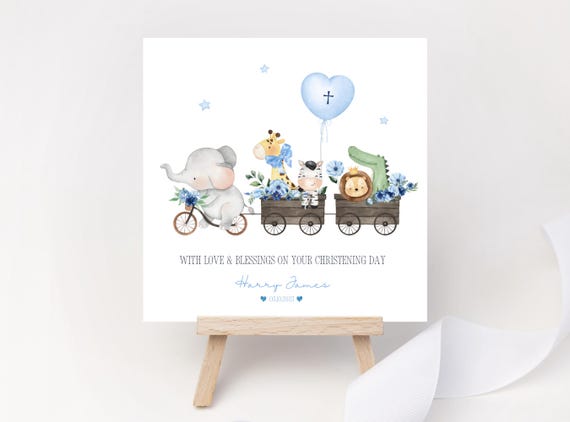 Personalized Christening Card: Watercolor Animal Train, Blue Balloon