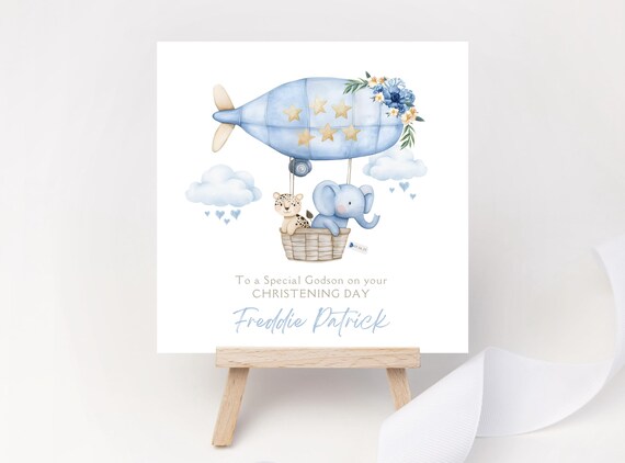 Personalised Jungle Animal Hot Air Balloon Christening Card for Boys - Custom Name, Date & Relation