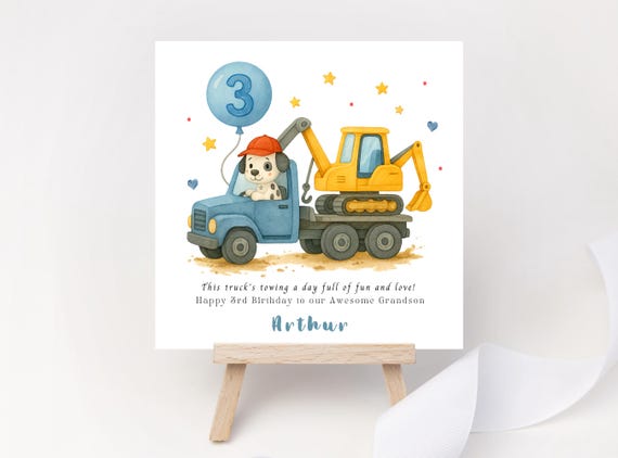 Personalised Tow Truck & Digger 3rd Birthday Card for Boy