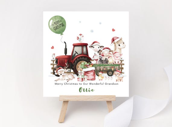 Personalised Christmas Farm Red Tractor Card | Santa Farm Animals Keepsake