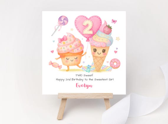 Personalised 2nd Birthday Card for Girls - Two Sweet Ice Cream & Cupcake Candyland Keepsake