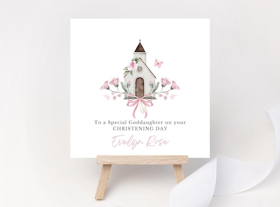 Personalised Christening Card for Girl - Pink Floral Church - Custom Name & Date