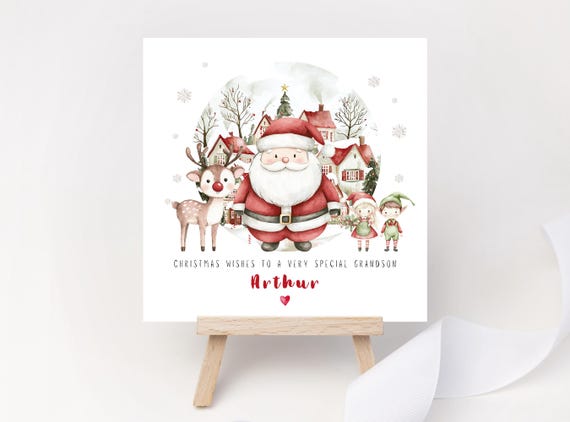 Personalised Santa Christmas Card – Father Christmas Reindeer and Elves Keepsake