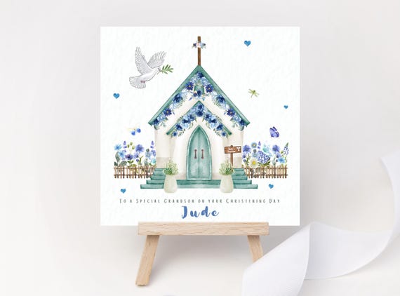 Personalised Christening Card – Blue Floral Church, Custom Name Godson Keepsake