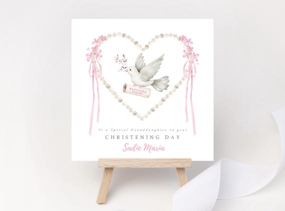 Personalised Christening Card | Dove & Pearl Heart Wreath | Custom Goddaughter Granddaughter Niece Baptism Keepsake