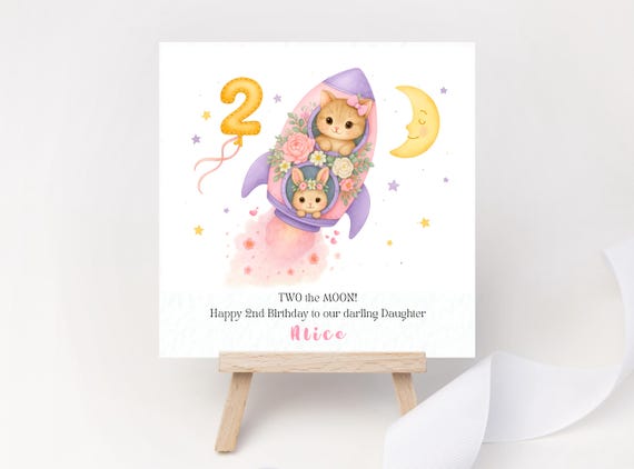 Personalised 2nd Birthday Card – TWO the MOON! Rocket Cat & Bunny Keepsake for Girl