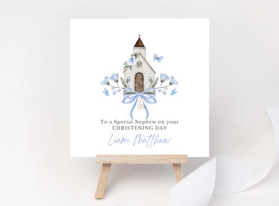 Personalised Godson Christening Card for Boy – Blue Church Baptism Keepsake Gift