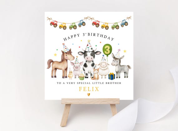 Personalised Farm Animals Party 3rd Birthday Card | Tractor Bunting Keepsake