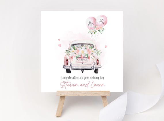 Personalised Just Married Wedding Card - Pink Floral Church - Custom Name & Date