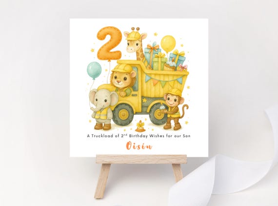 Personalised Safari Dump Truck 2nd Birthday Card for Boy | Construction Animal Keepsake