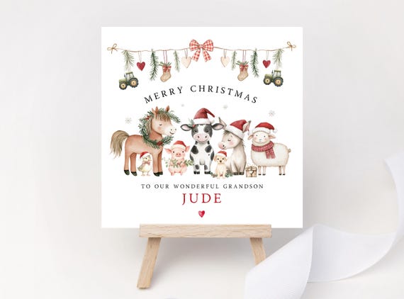 Personalised Farm Animals Christmas Card – Merry or Happy Christmas Tractor Keepsake