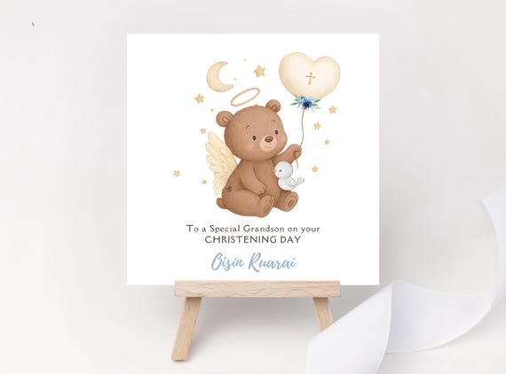 Personalised Christening Card for Boy - Angel Bear with Dove & Balloon - Custom Name Godson Grandson