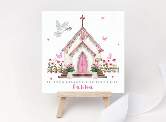 Personalised Christening Card – Pink Floral Church, Custom Name Goddaughter Keepsake