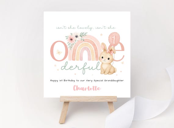 Personalised 1st Birthday Card for Girl ONEDERFUL Bunny Rainbow