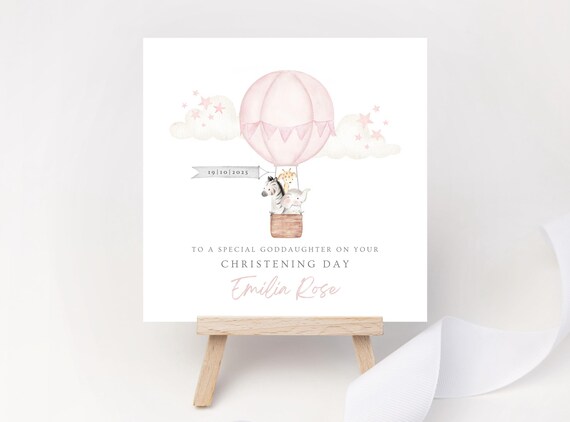Personalised Christening Card for Girl – Pink Hot Air Balloon Safari Animals Keepsake