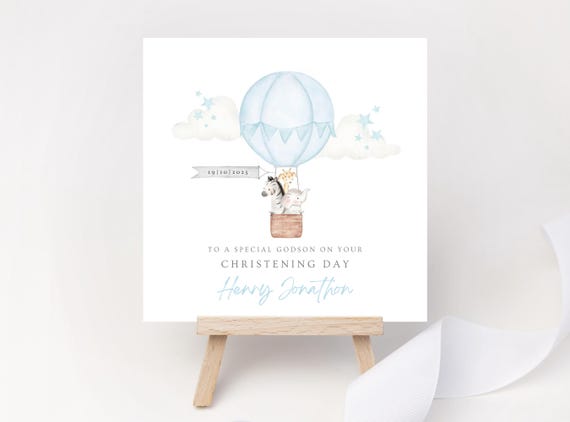 Personalised Christening Card for Boy – Blue Hot Air Balloon Safari Animals Keepsake