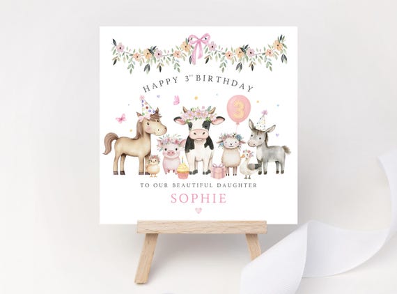 Personalised Farm Animal 3rd Birthday Card – Wildflower Tractor Keepsake for Girl