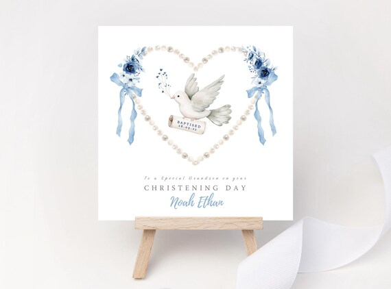 Personalised Christening Card | Dove & Pearl Heart Wreath | Custom Godson, Grandson, Nephew Baptism Keepsake