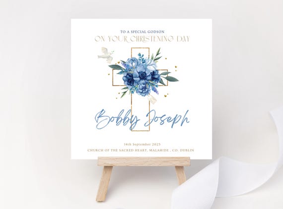 Personalised Christening Card for Boy - Blue Floral Cross and Dove - Custom Name & Date