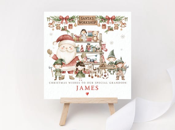 Personalised Santa’s Elves Workshop Christmas Card – Wooden Toy Garland Christmas Keepsake