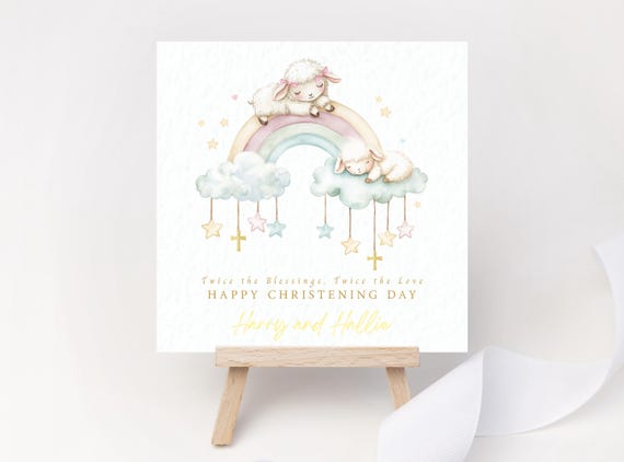 Personalised Twin Christening Card – Rainbow & Lambs Watercolour Design, Baptism Keepsake
