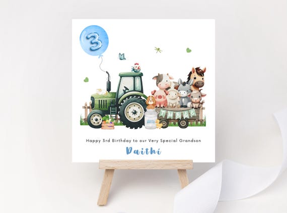 Personalised 3rd Birthday Card for Boy – Green Tractor & Farm Animals Keepsake