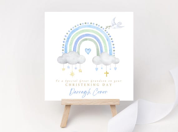 Personalised Christening Card for Boy – Blue Watercolour Rainbow, Custom Name, Message & Date