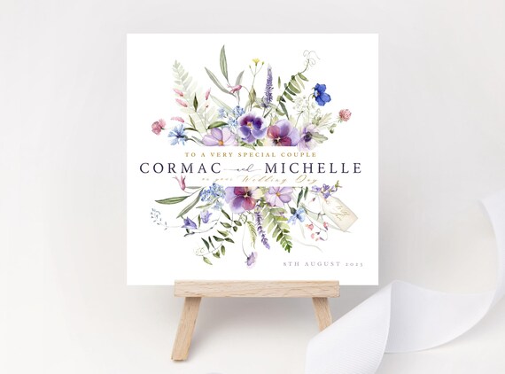 Personalized Wildflower Wedding Card: Hand-Painted Pansy Floral Design