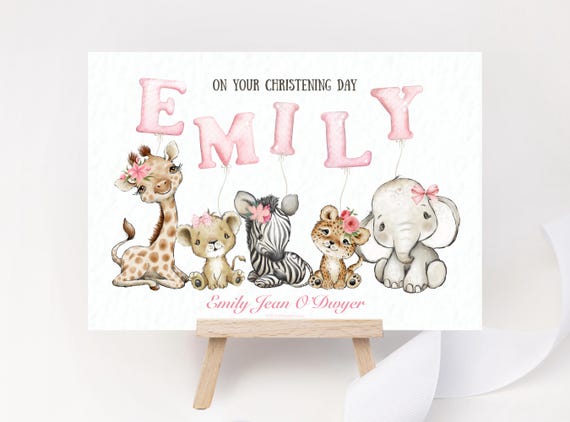 Personalised Christening Card for Girl - Personalised Name Safari Animals with Letter Balloons