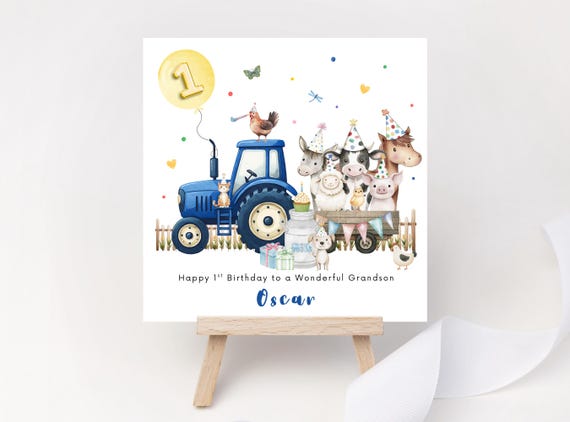 Personalised Tractor Birthday Card | Blue Farm Party Animals | Boys 1st Birthday Keepsake