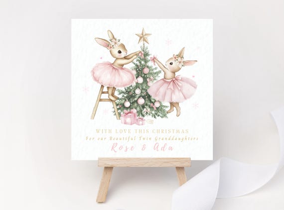 Personalised Twin Granddaughters Christmas Card – Ballet Bunny Christmas Keepsake for Girls