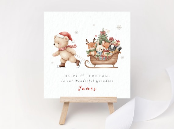 Personalised 1st Christmas Card – Baby Woodland Animals Sleigh Keepsake