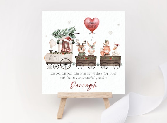 Personalised Christmas Train Card for Grandson Festive Woodland Animal Holiday Keepsake
