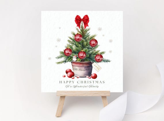 Personalised Family Christmas Card – Custom Tree with Names & Pets Holiday Keepsake
