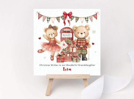 Personalised Christmas Card for Granddaughter – Hand-Painted Teddy Bears, Plaid Gifts & Mailbox Scene