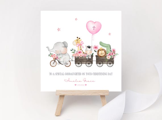 Personalized Christening Card: Animal Train with Pink Balloon