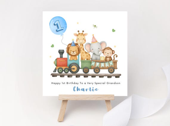 Personalised Safari Train 1st Birthday Card | Zoo Animal Train Keepsake for Boys