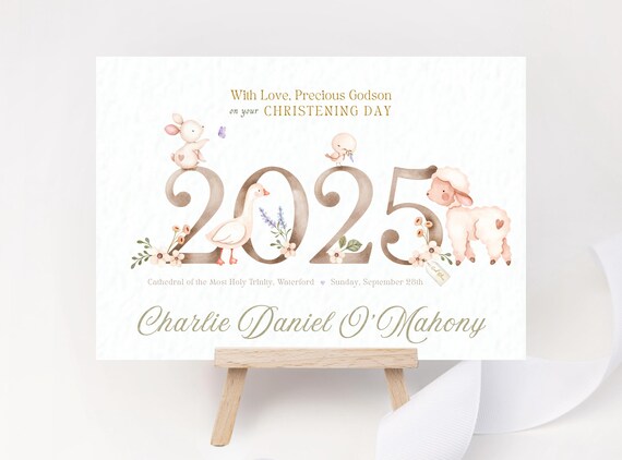 Personalized Christening Card 2025: Watercolor Animals Keepsake