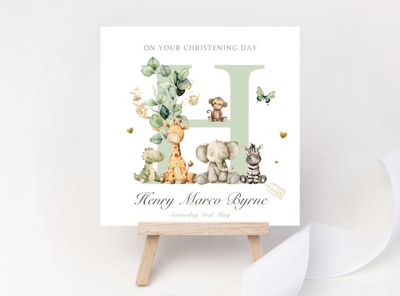 Personalised Safari Animal Initial Card • Christening, Baptism or Naming Day • Custom Name & Date