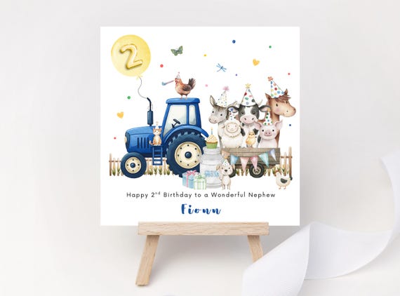 Personalised Tractor Birthday Card | Blue Farm Party Animals | Boys 2nd  Birthday Keepsake