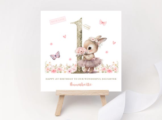 Personalised 1st Birthday Card for Girl Wildflower Bunny Keepsake
