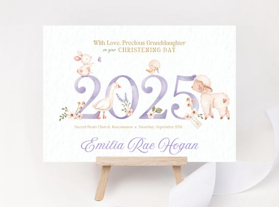 Personalized Christening Card 2025: Watercolor Bunny, Lamb Keepsake
