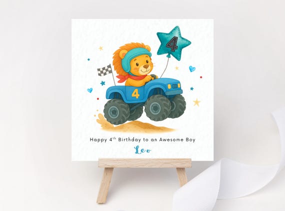 Personalised Monster Truck Birthday Card – Lion 2nd, 3rd, 4th Birthday Keepsake for Boy