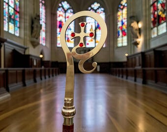 Wooden Bishop Crozier Pastoral Staff with Brass Cross and Red Jewels – Ceremonial Church Item