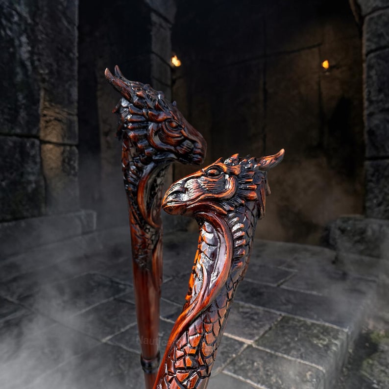 Dragon Hand Rails Hand Carved Wooden Dragon Cane – Fantasy Dragon Head Walking Stick ...